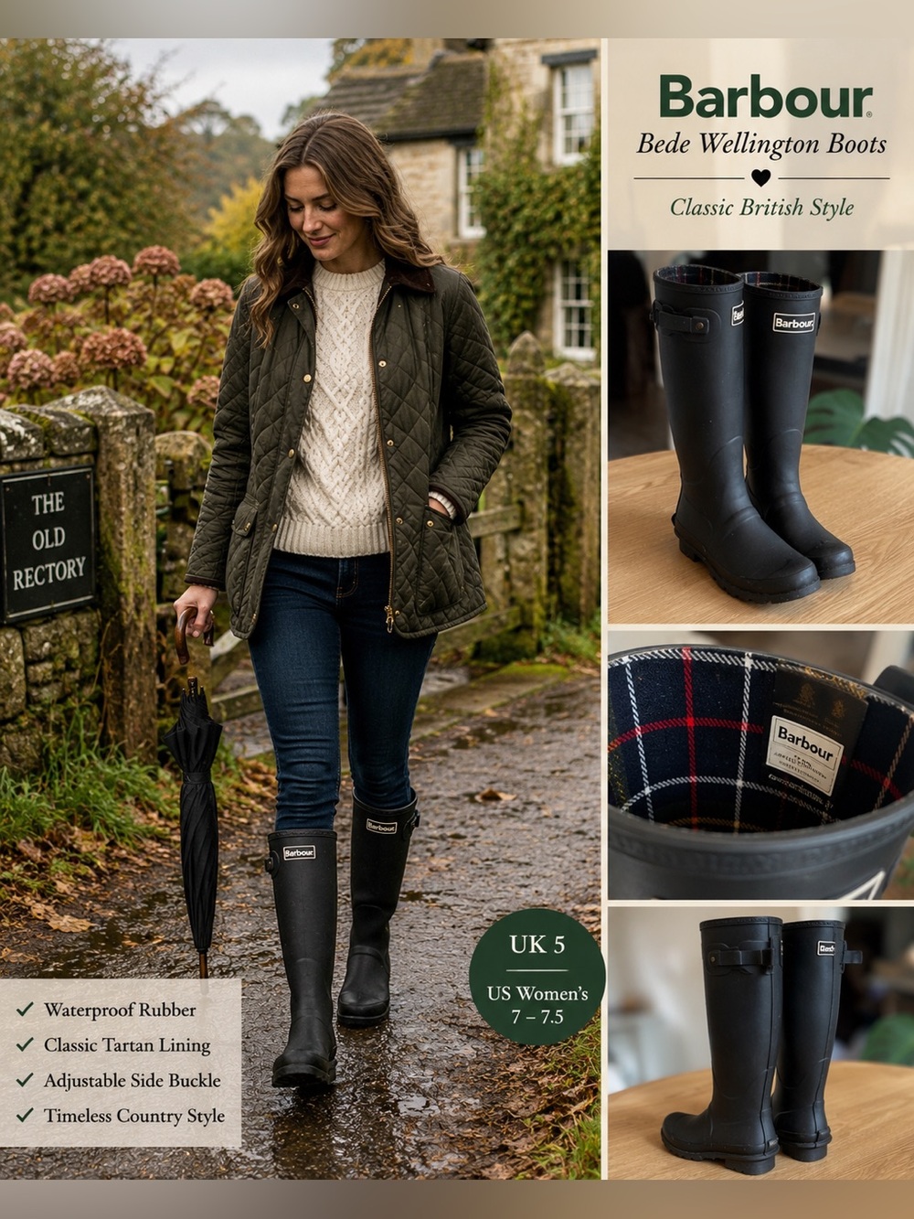 Barbour Bede Rain Boots Black Women’s US 7 7.5 UK 5 Classic Tartan Lined